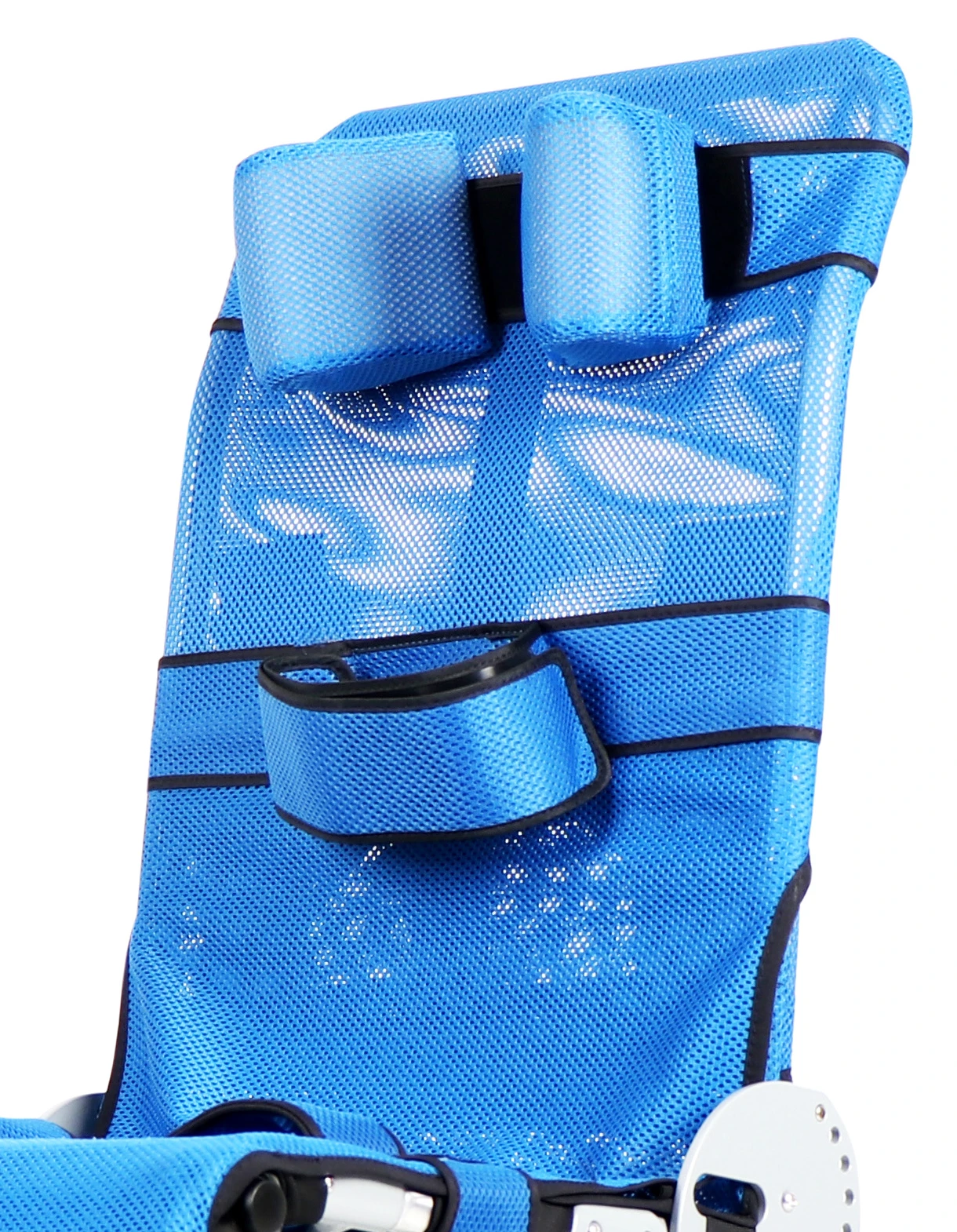 Close photograph of Light's blue mesh upholstery, paired head pads, black binding and support band.