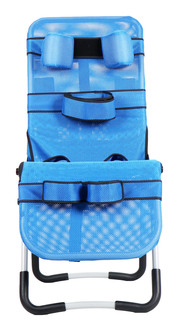 Front view of the real Light bath chair showing paired head pads, support bands and the continuous blue fabric cover.