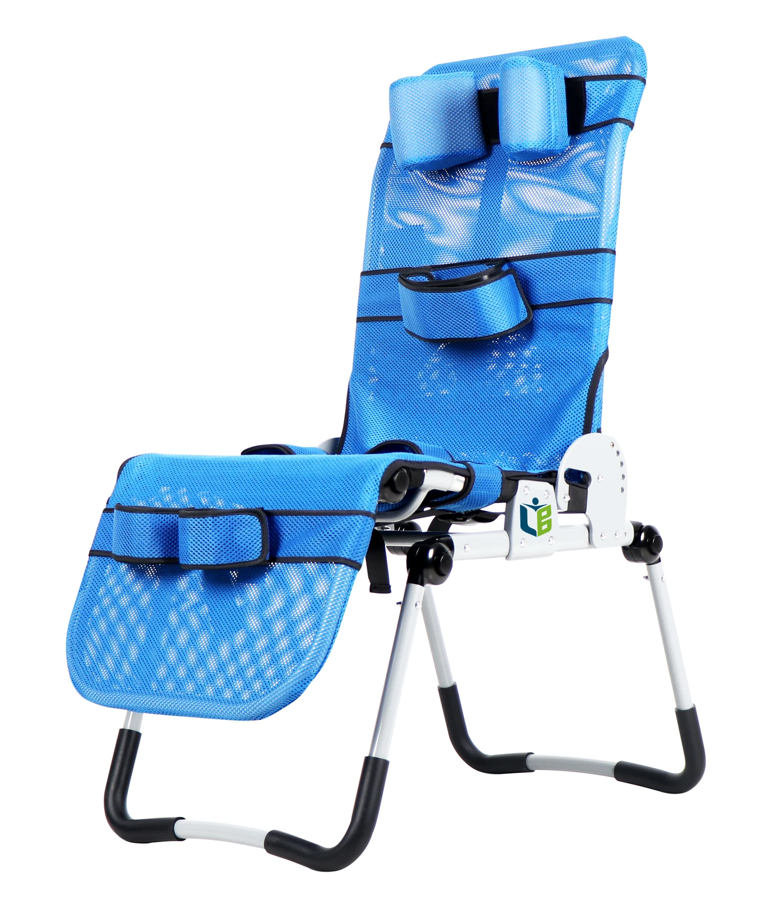 Complete Light Pediatric Bath Chair, with blue mesh, head pads and support bands above a white frame and two floor supports.
